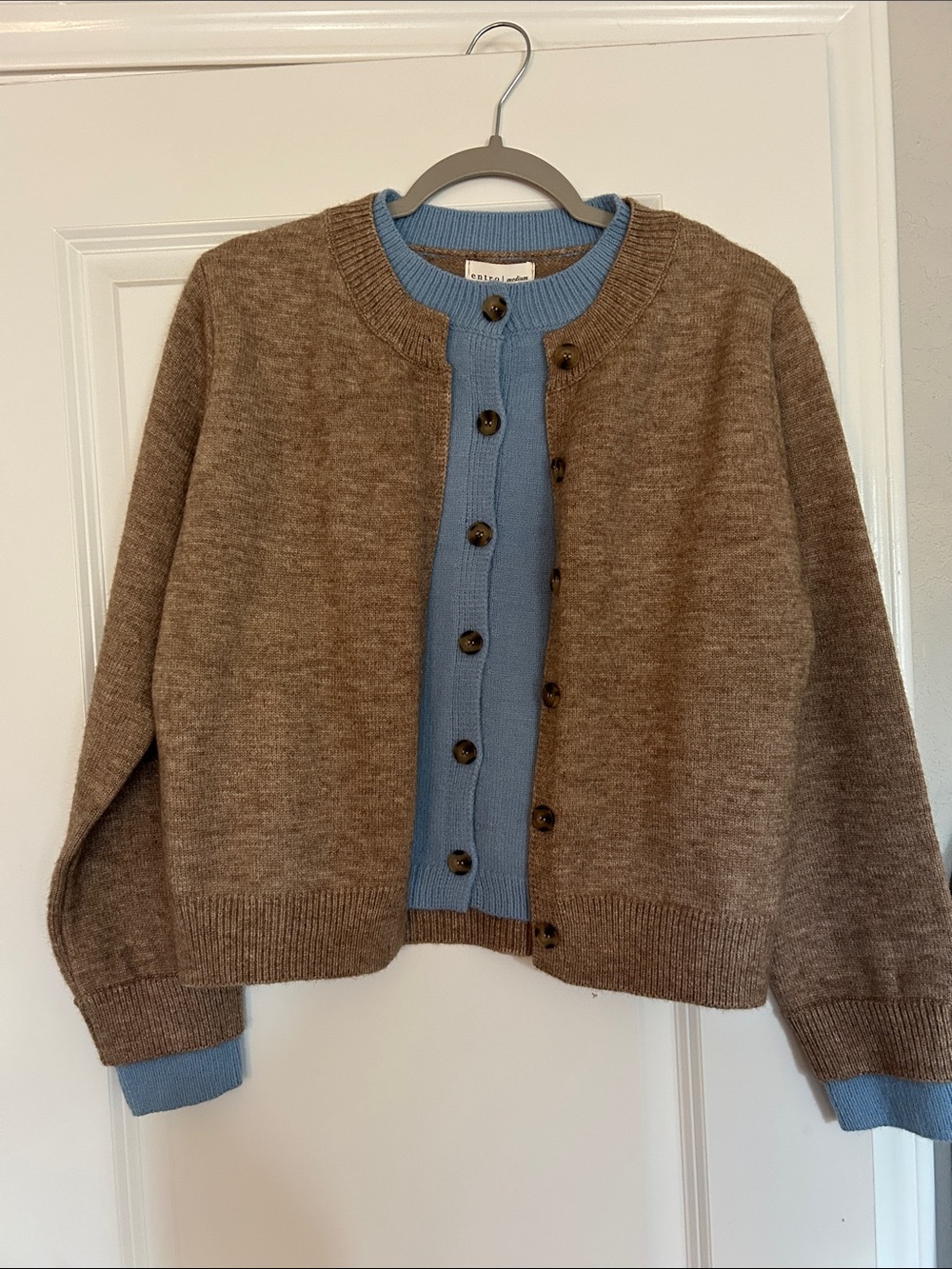 entro Brown and Light Blue Layered Knit Cardigan Set